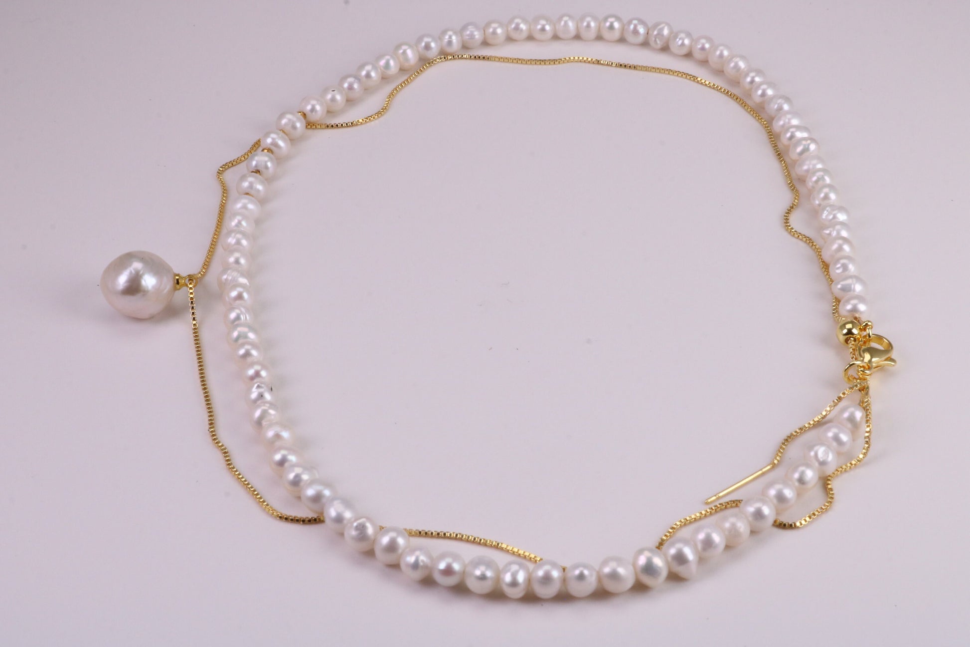 Single Strand Natural 8 mm Round Pearl Necklace with Single Pearl Pendant Chain set in Silver and 18ct Yellow Gold Plated