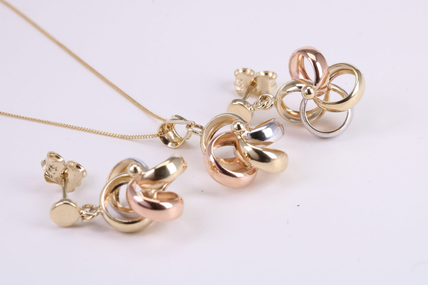 Three Tone Necklace and Matching Dropper Earrings, made from solid 9ct Yellow Gold