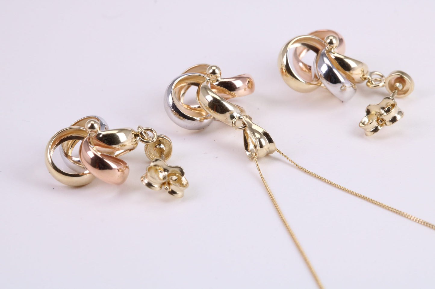 Three Tone Necklace and Matching Dropper Earrings, made from solid 9ct Yellow Gold