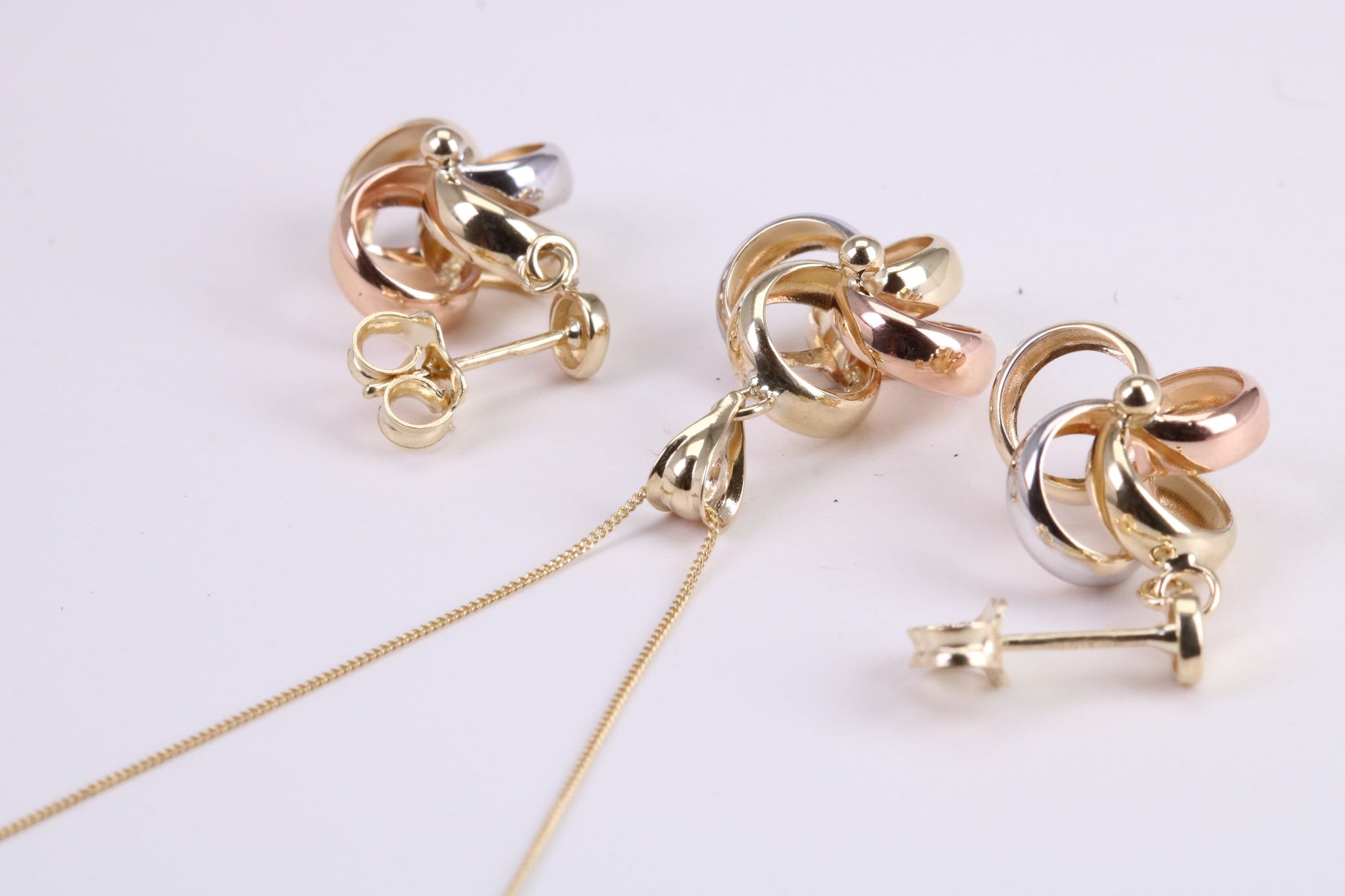 Three Tone Necklace and Matching Dropper Earrings, made from solid 9ct Yellow Gold
