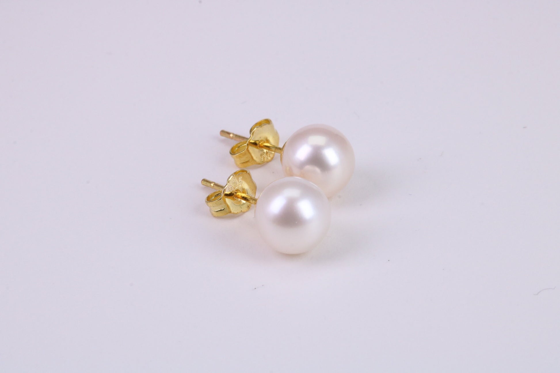 Natural 9 mm Round Pearl Stud Earrings set in Solid Silver and 18ct Yellow Gold Plated