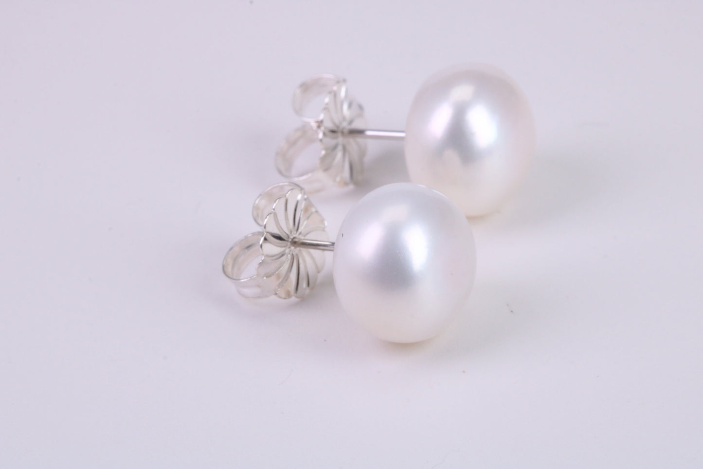 Natural 14 mm Round Pearl Stud Earrings set in Solid Silver