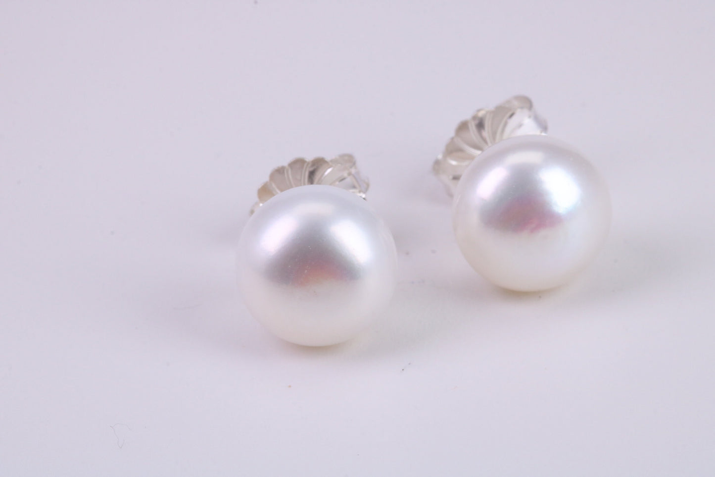 Natural 14 mm Round Pearl Stud Earrings set in Solid Silver