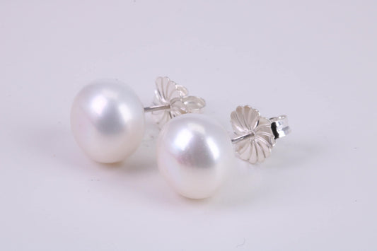 Natural 14 mm Round Pearl Stud Earrings set in Solid Silver