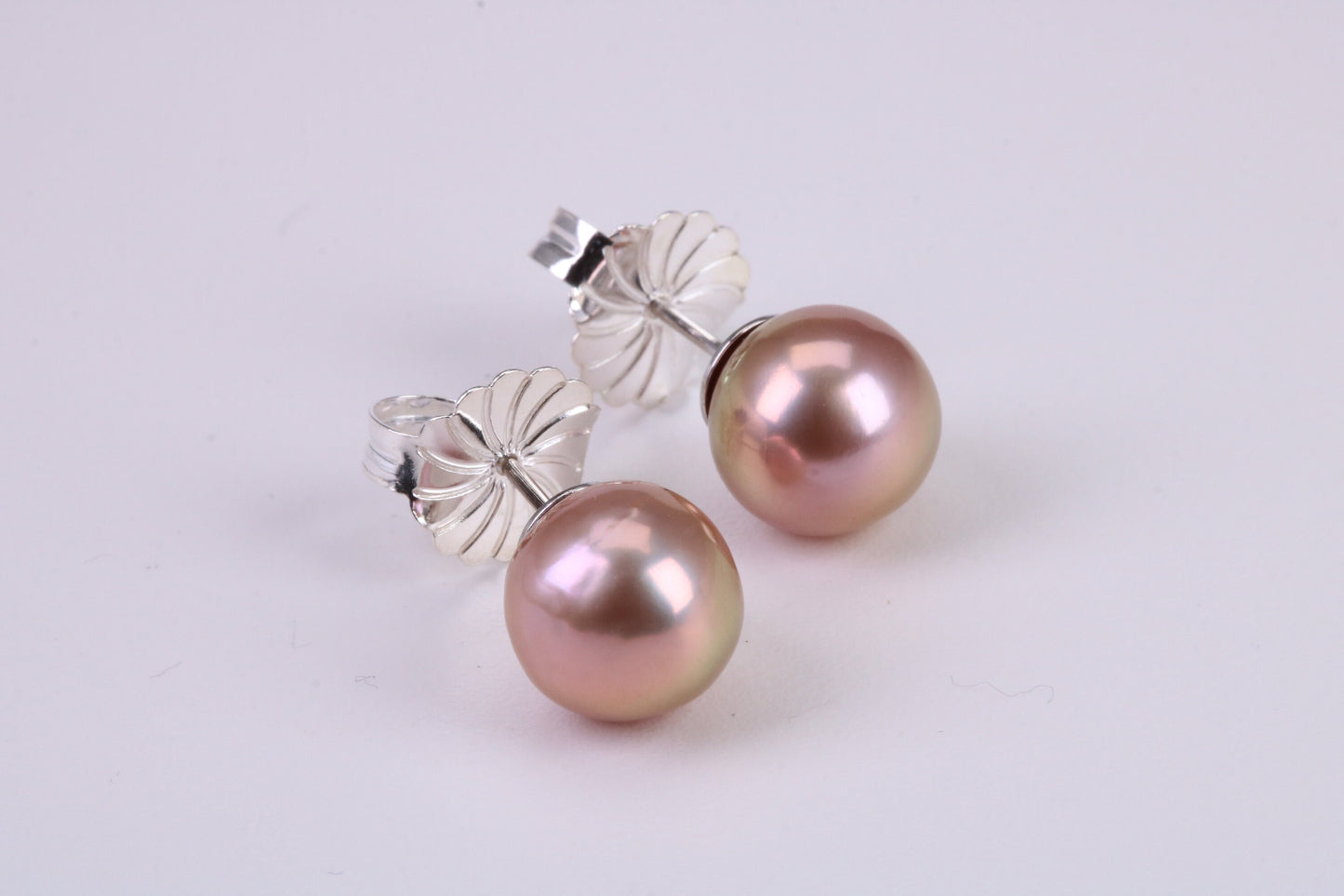 Natural 10 mm Round Coppery Pink Colour Pearl Stud Earrings set in Solid Silver