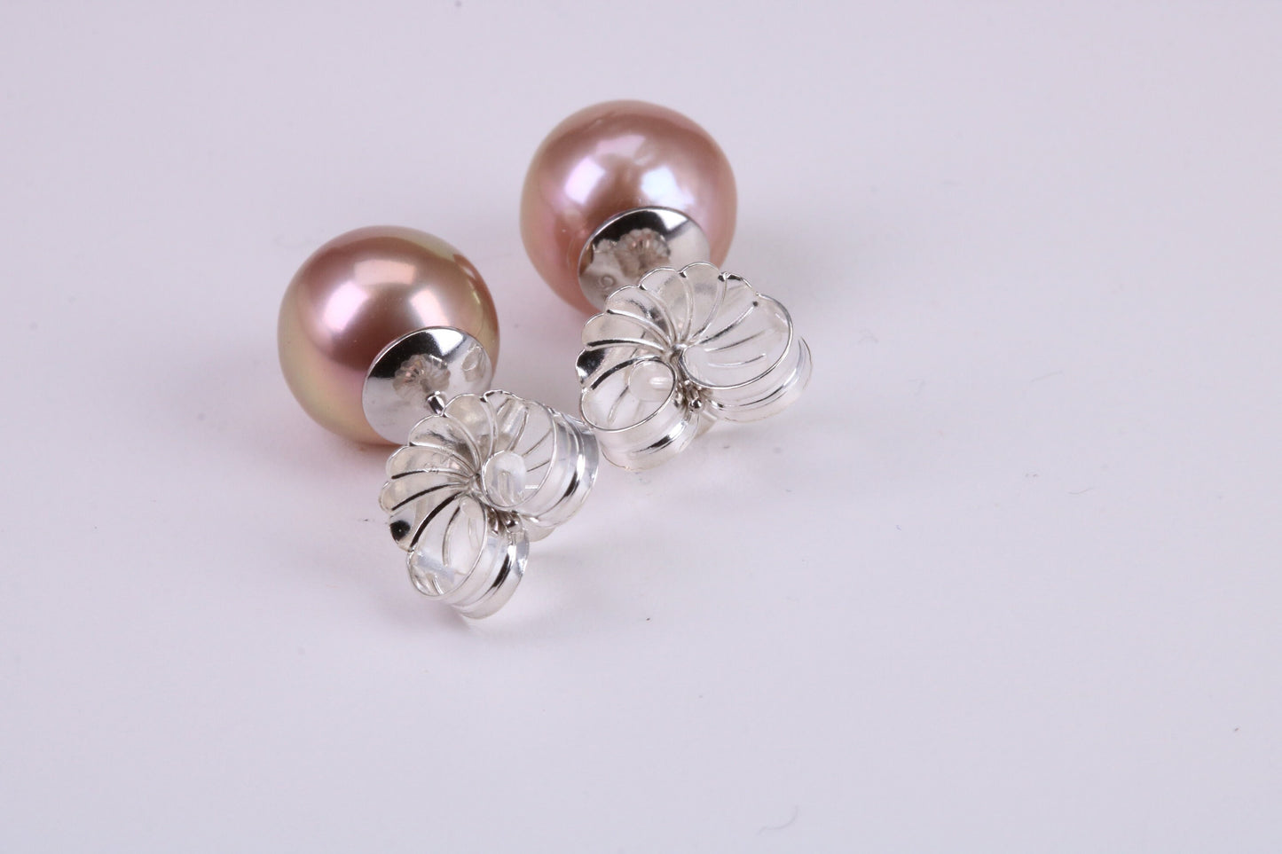 Natural 10 mm Round Coppery Pink Colour Pearl Stud Earrings set in Solid Silver