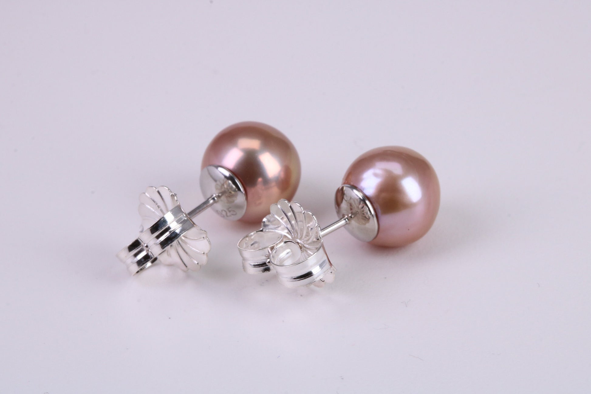 Natural 10 mm Round Coppery Pink Colour Pearl Stud Earrings set in Solid Silver