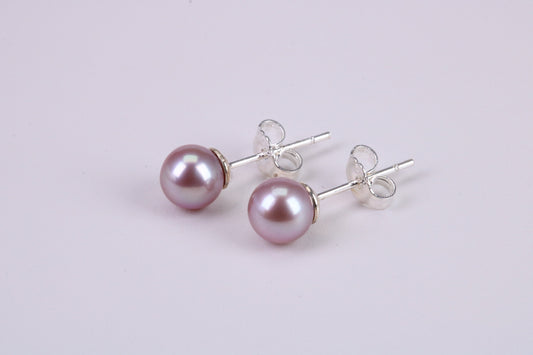 Natural 7 mm Round Purple Pink Colour Pearl Stud Earrings set in Solid Silver