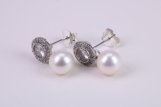 Natural 8 mm Round Pearl and Cubic Zirconia set Stud Earrings set in Solid Silver