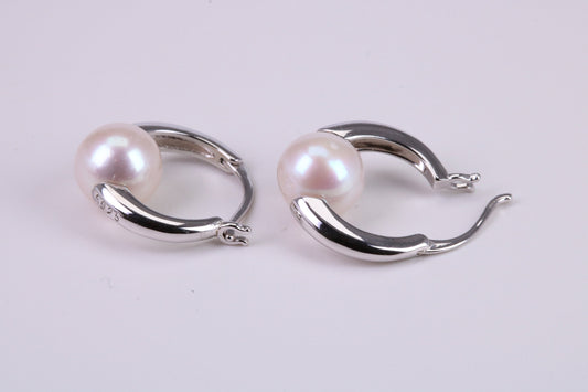 Natural 8 mm Round Pearl set Dropper Hoop Earrings set in Solid Silver