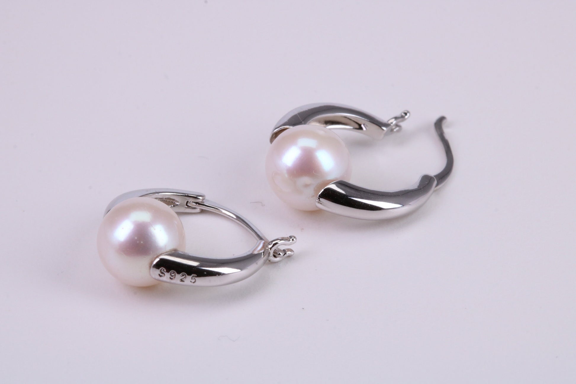 Natural 8 mm Round Pearl set Dropper Hoop Earrings set in Solid Silver
