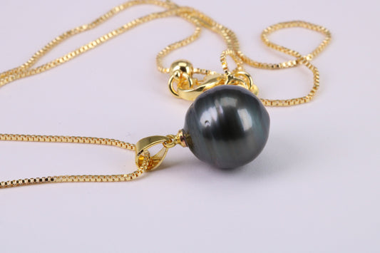 Natural 13 mm Round Tahitian Pearl Necklace set in Solid Silver and Yellow Gold Plated