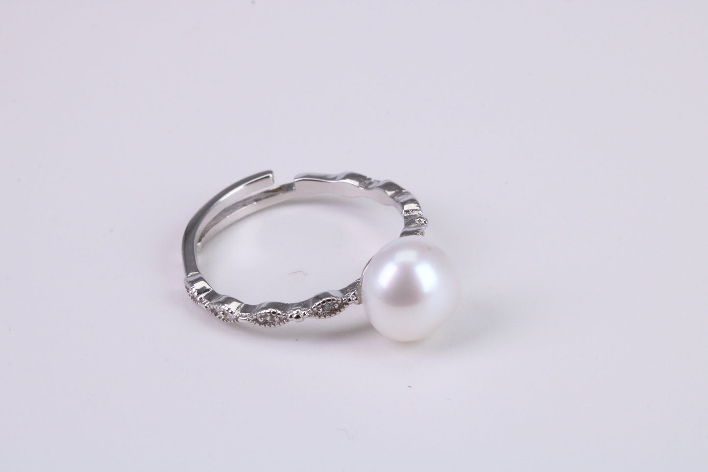 Natural 8 mm Round Pearl and Cubic Zirconia set Ring set in Solid Silver