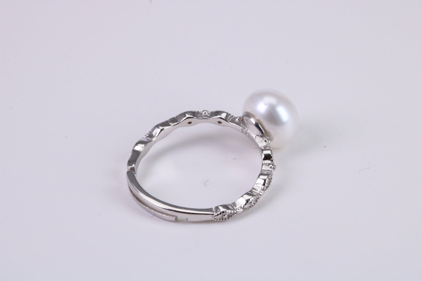 Natural 8 mm Round Pearl and Cubic Zirconia set Ring set in Solid Silver