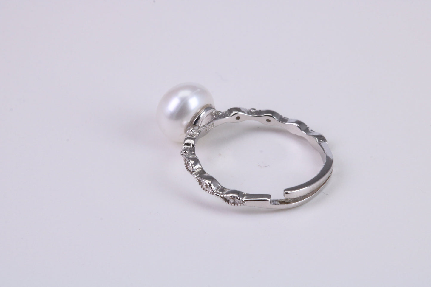 Natural 8 mm Round Pearl and Cubic Zirconia set Ring set in Solid Silver