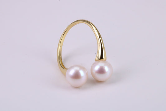 Natural 8 mm Round Double Pearl set Open Ended Ring set in Solid Silver and 18ct Yellow Gold Plated