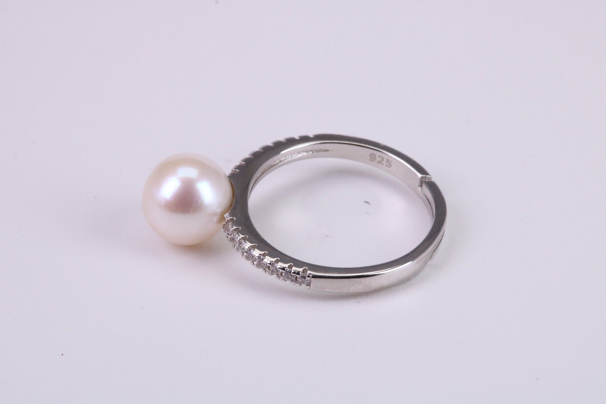Natural 8 mm Round Pearl and Cubic Zirconia set Ring set in Solid Silver