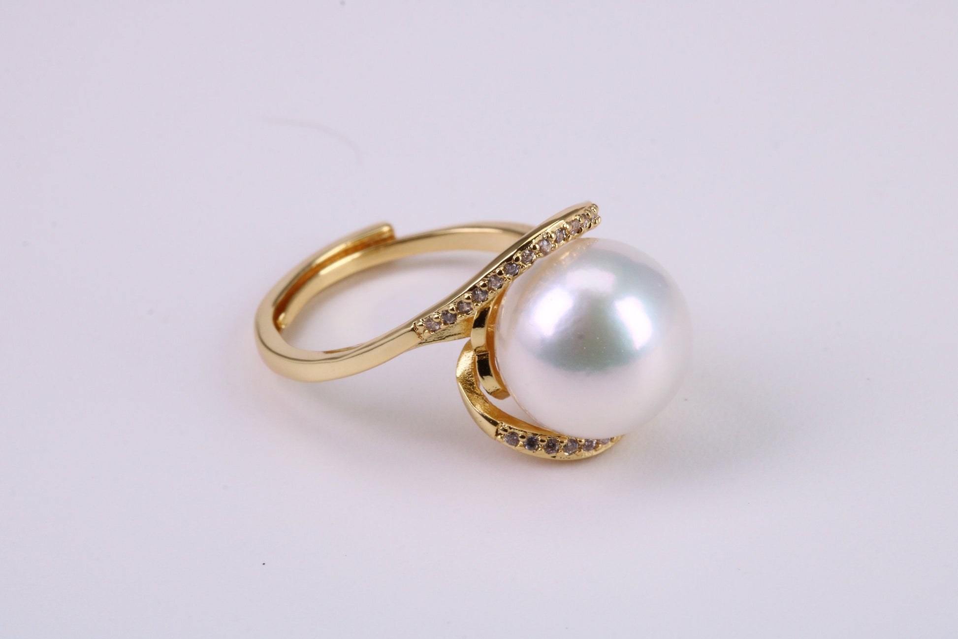 Natural 11 mm Round Pearl and Cubic Zirconia set Ring set in Solid Silver and Further 18ct Yellow Gold Plated