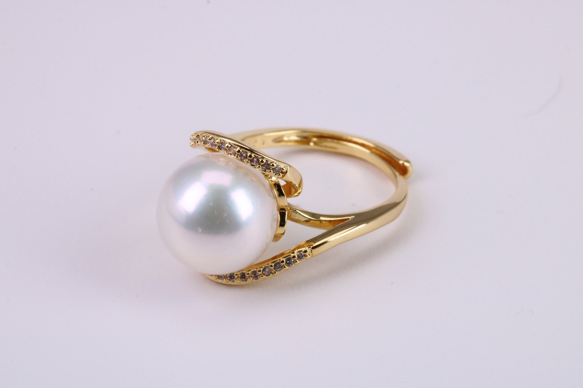 Natural 11 mm Round Pearl and Cubic Zirconia set Ring set in Solid Silver and Further 18ct Yellow Gold Plated