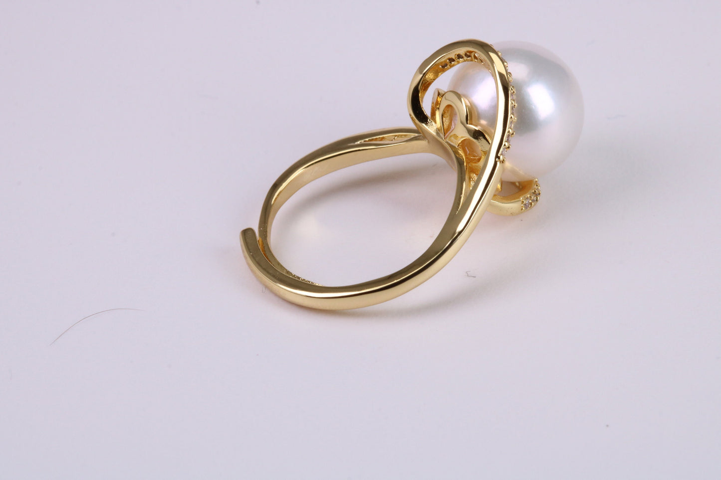 Natural 11 mm Round Pearl and Cubic Zirconia set Ring set in Solid Silver and Further 18ct Yellow Gold Plated