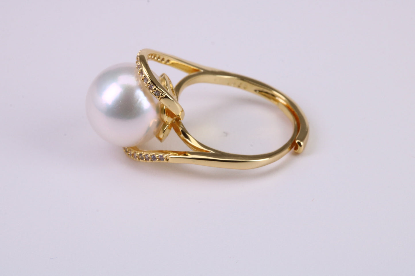 Natural 11 mm Round Pearl and Cubic Zirconia set Ring set in Solid Silver and Further 18ct Yellow Gold Plated