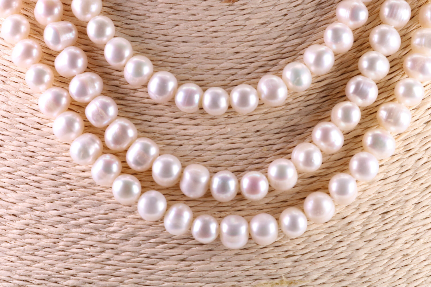 Three Strand Natural 7 mm Round Pearl Necklace set in Silver, Three Strands Measures 16, 18 and 20 inches Long