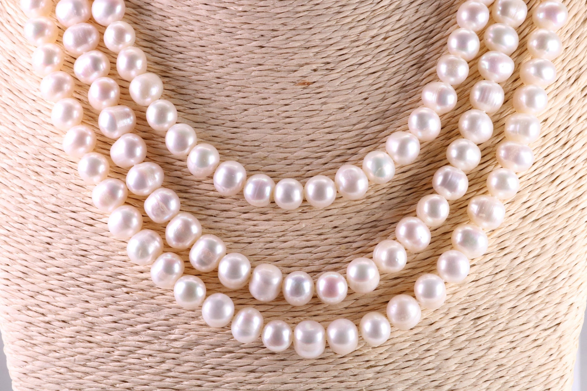 Three Strand Natural 7 mm Round Pearl Necklace set in Silver, Three Strands Measures 16, 18 and 20 inches Long