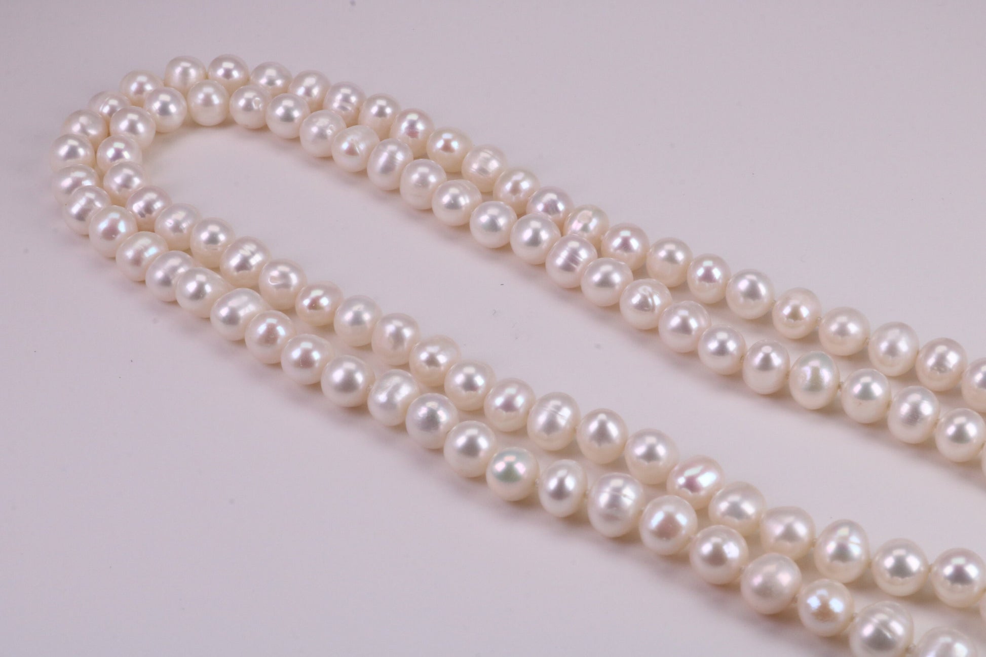 Two Strand Natural 8 mm Round Pearl Necklace set in Silver, Two Strands Measures 18 and 20 inches Long