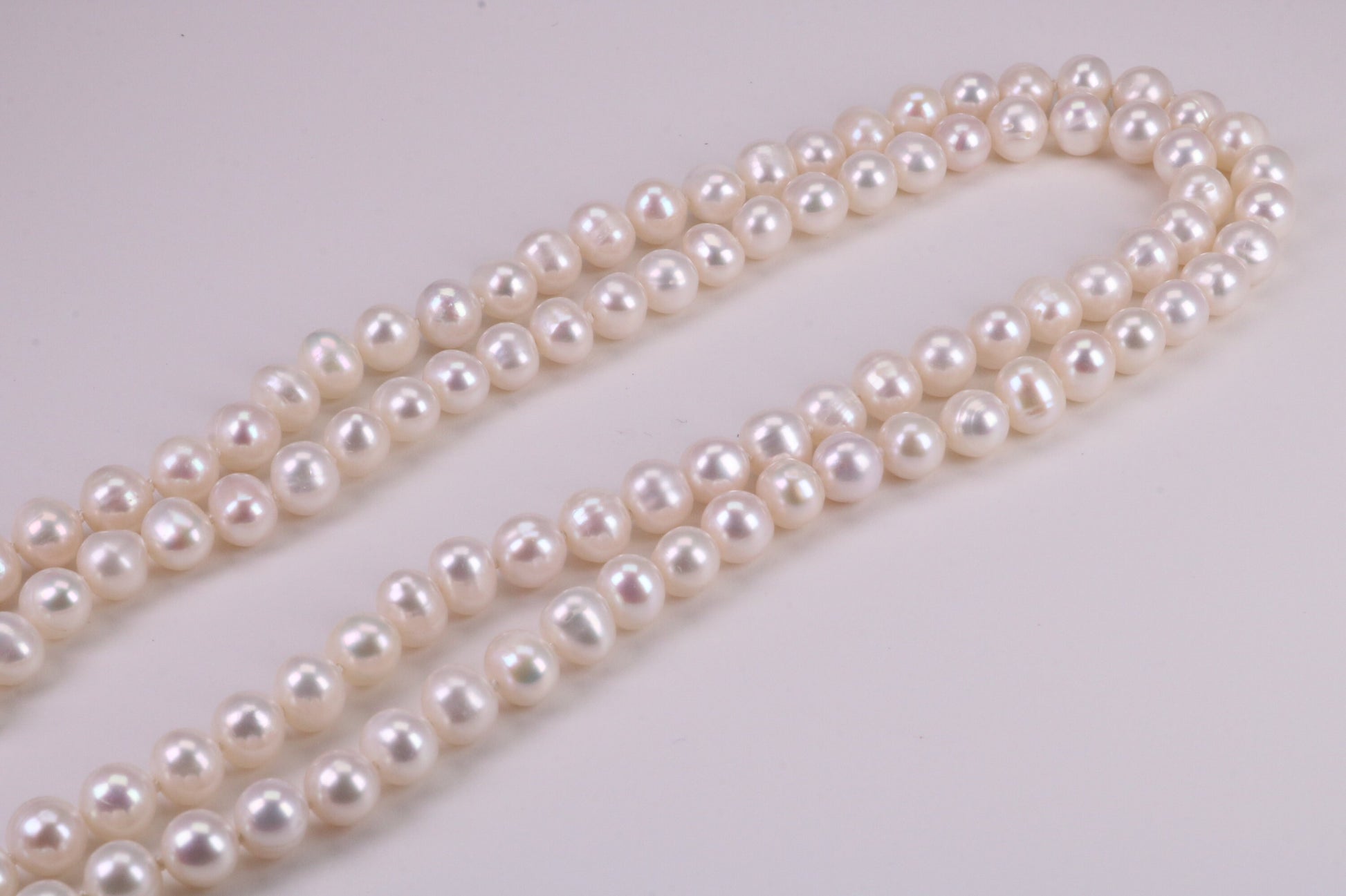 Two Strand Natural 8 mm Round Pearl Necklace set in Silver, Two Strands Measures 18 and 20 inches Long