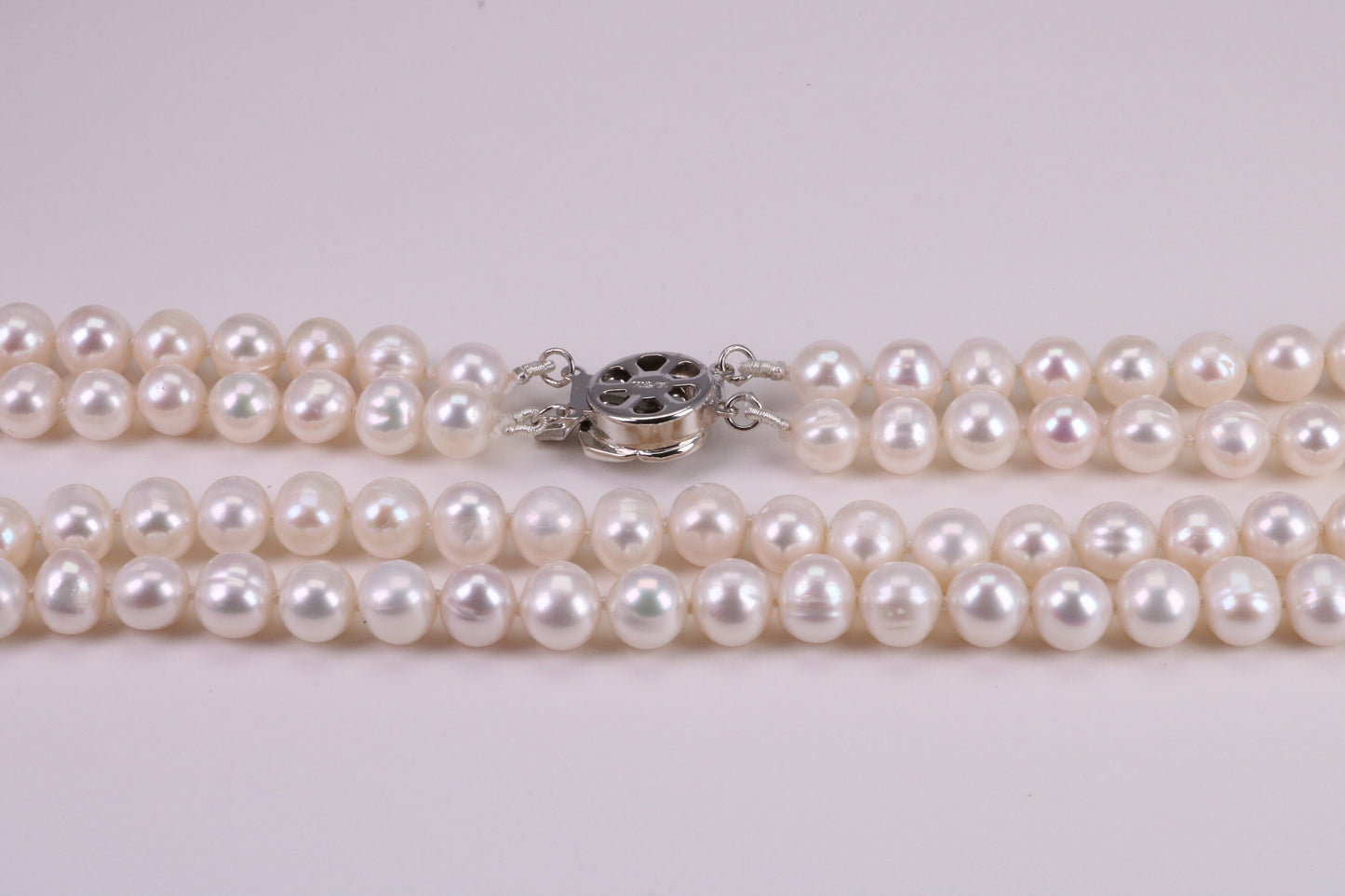 Two Strand Natural 8 mm Round Pearl Necklace set in Silver, Two Strands Measures 18 and 20 inches Long