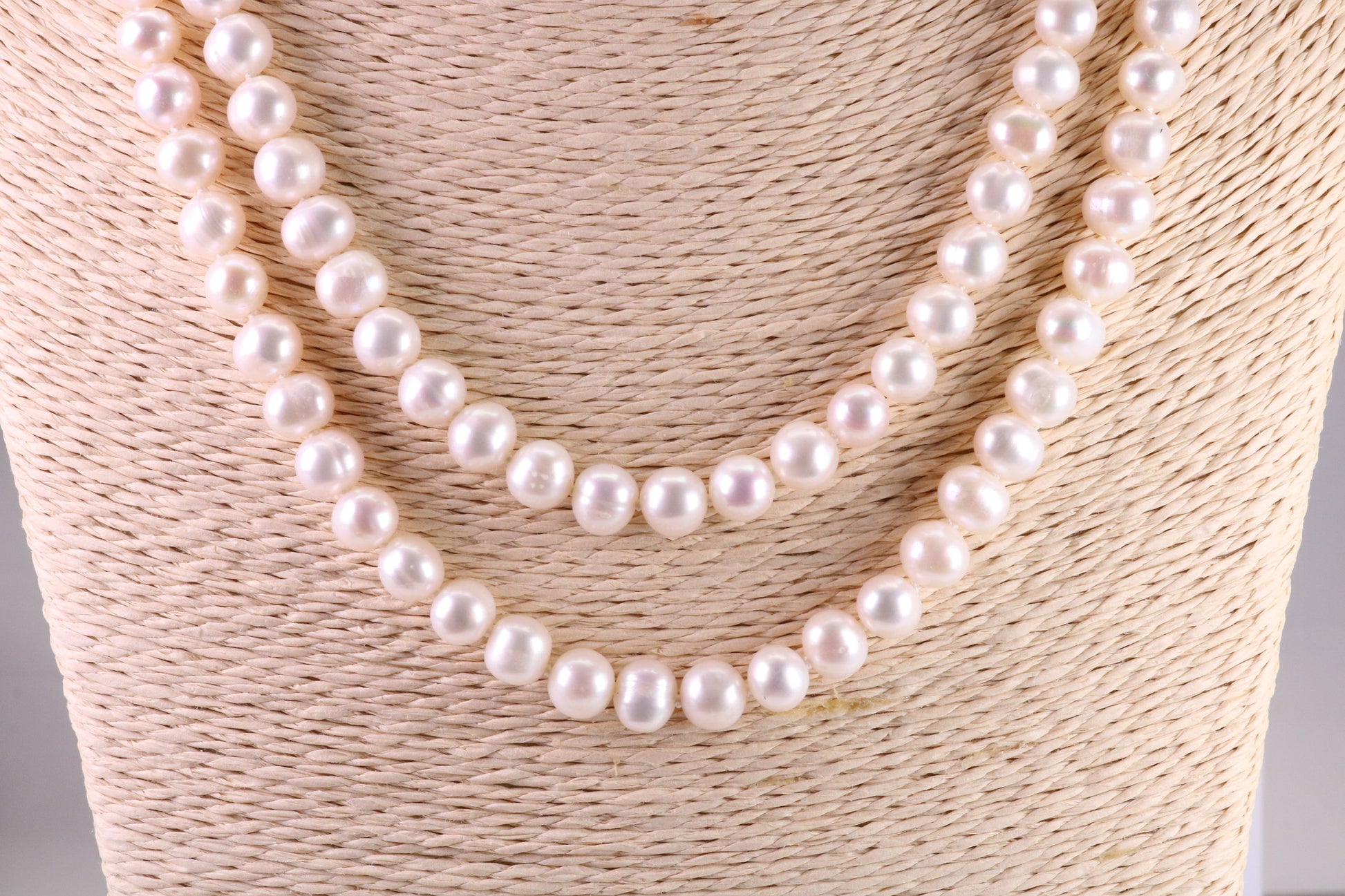 Two Strand Natural 8 mm Round Pearl Necklace set in Silver, Two Strands Measures 18 and 20 inches Long