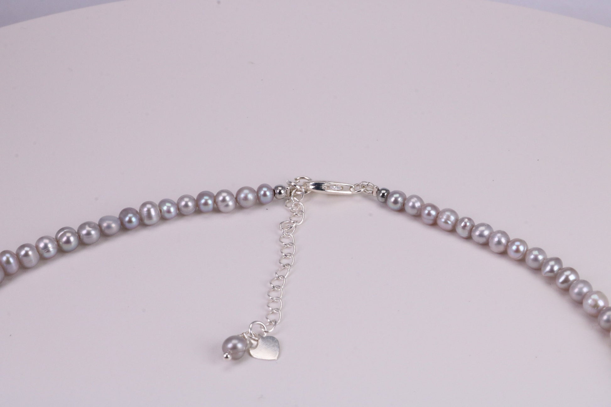 16 Inches Long Single Strand Natural 5 mm Round Grey Pearl Necklace set in Silver