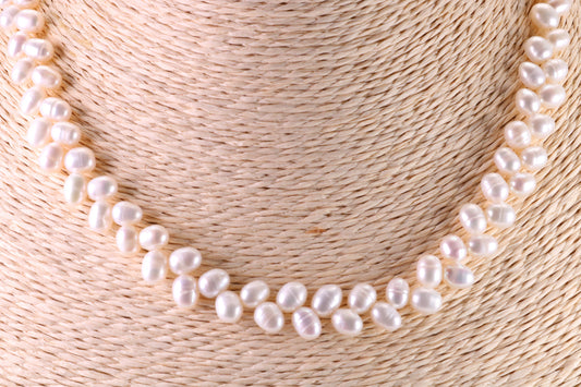 Natural 5 mm Rice Pearl Necklace set in Silver, Double Stranded and Measures 16 inches Long