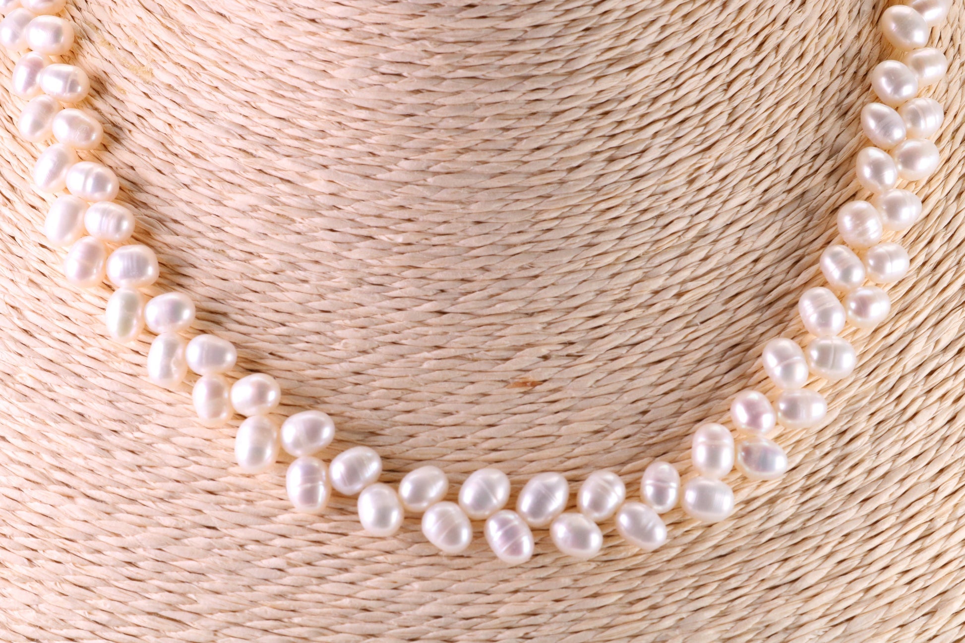 Natural 5 mm Rice Pearl Necklace set in Silver, Double Stranded and Measures 16 inches Long