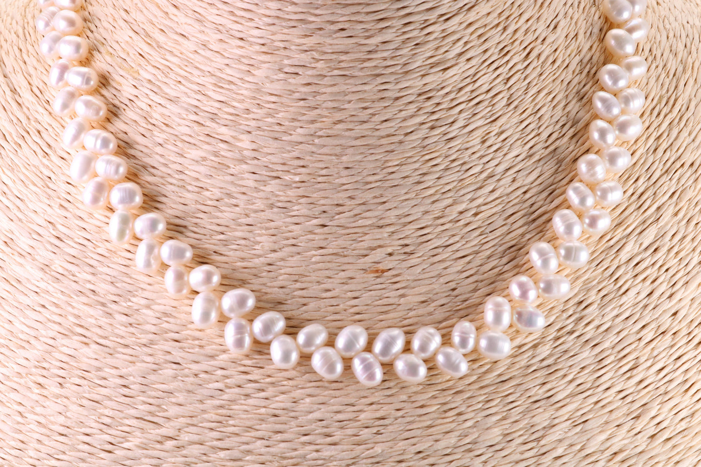 Natural 5 mm Rice Pearl Necklace set in Silver, Double Stranded and Measures 16 inches Long