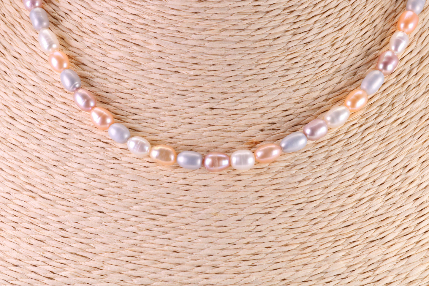 Natural Pastel Coloured 16 Inches Long Single Strand Pearl Necklace set in Silver, 5 mm Oval Pearls, Length Adjustable Necklace