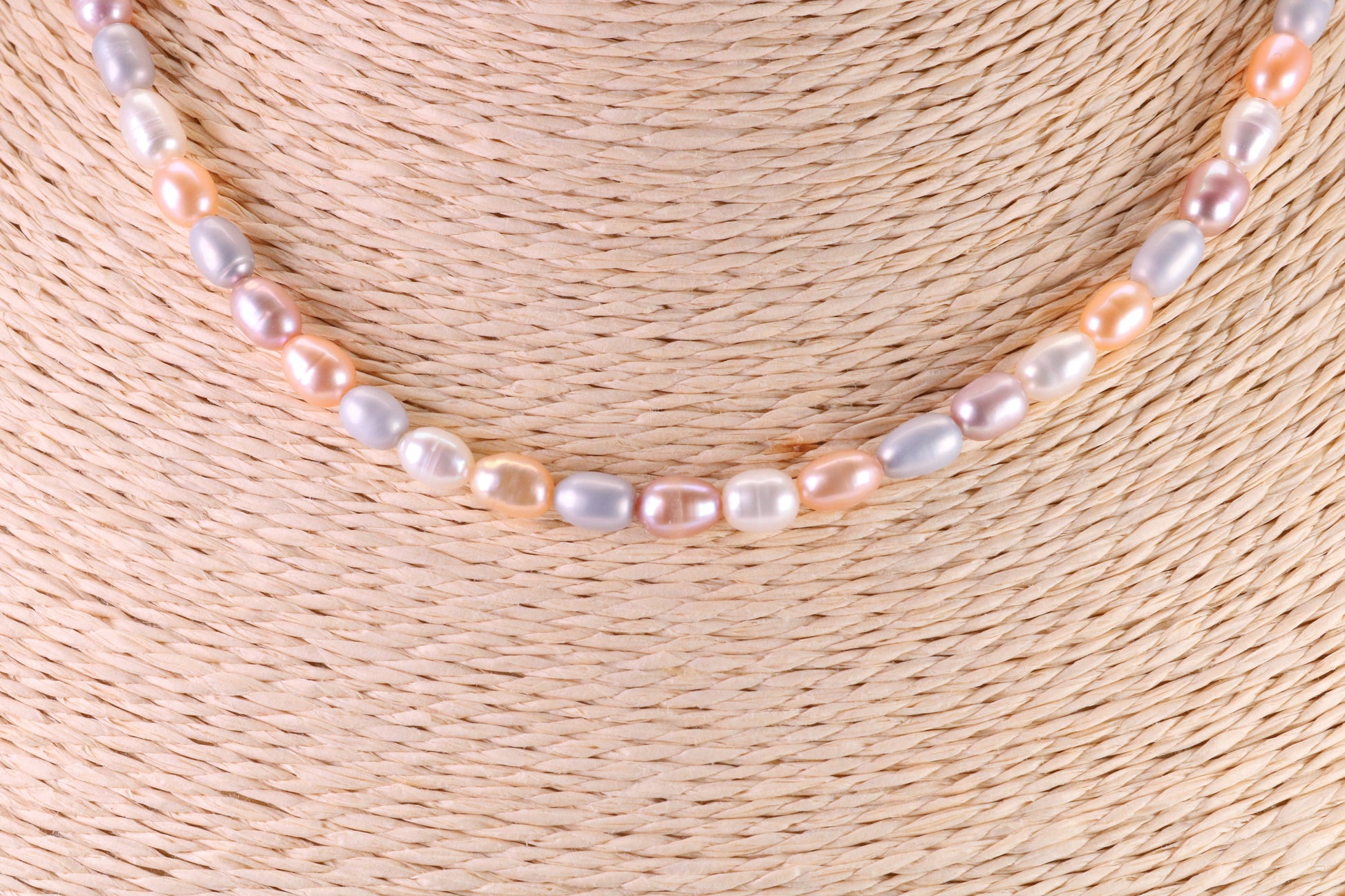 Natural Pastel Coloured 16 Inches Long Single Strand Pearl Necklace set in Silver, 5 mm Oval Pearls, Length Adjustable Necklace