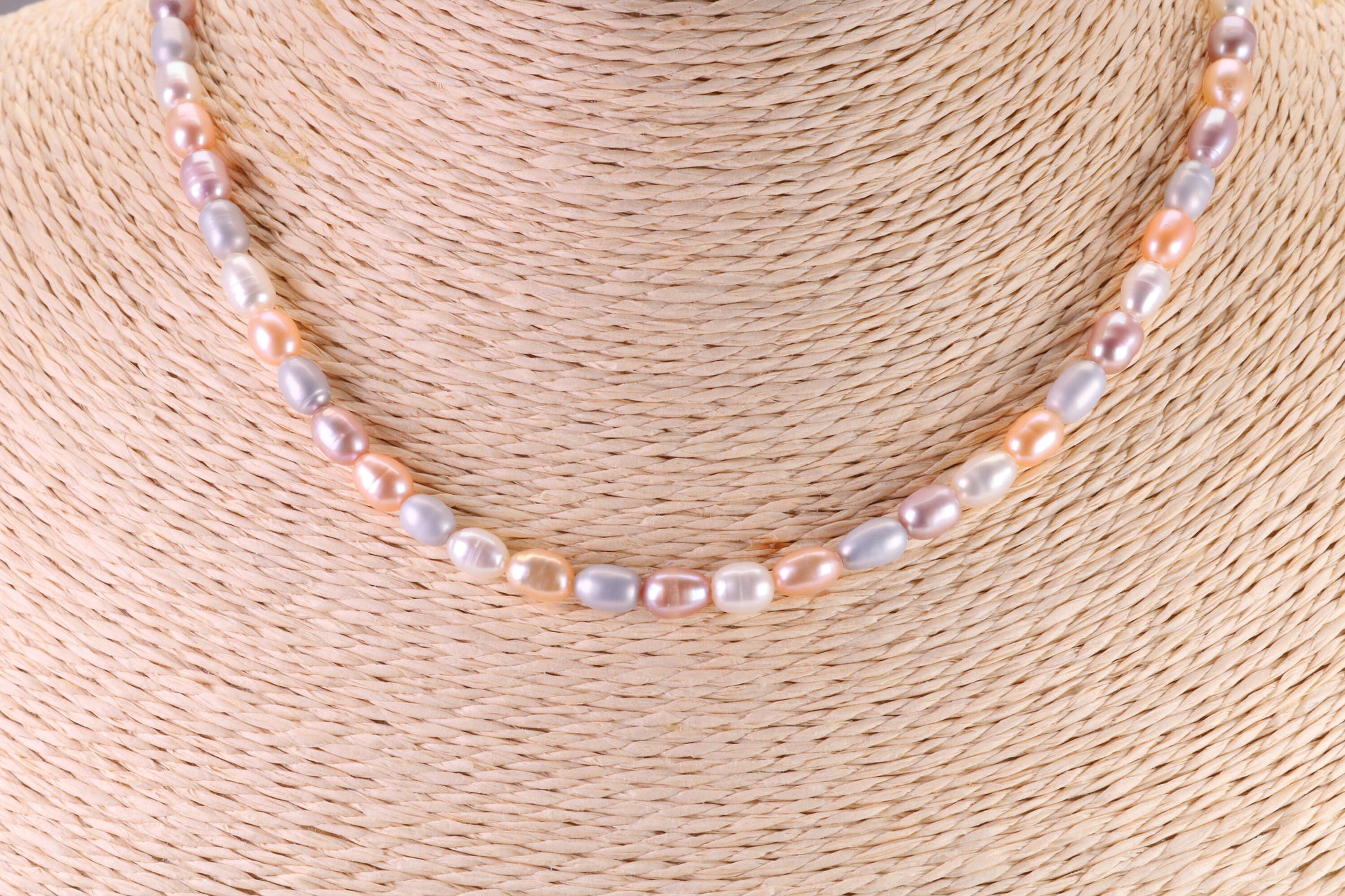 Natural Pastel Coloured 16 Inches Long Single Strand Pearl Necklace set in Silver, 5 mm Oval Pearls, Length Adjustable Necklace