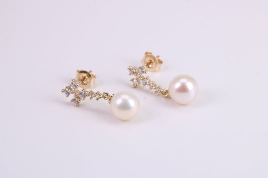 Natural Pearl Stud Dropper Earrings set in Solid Yellow Gold
