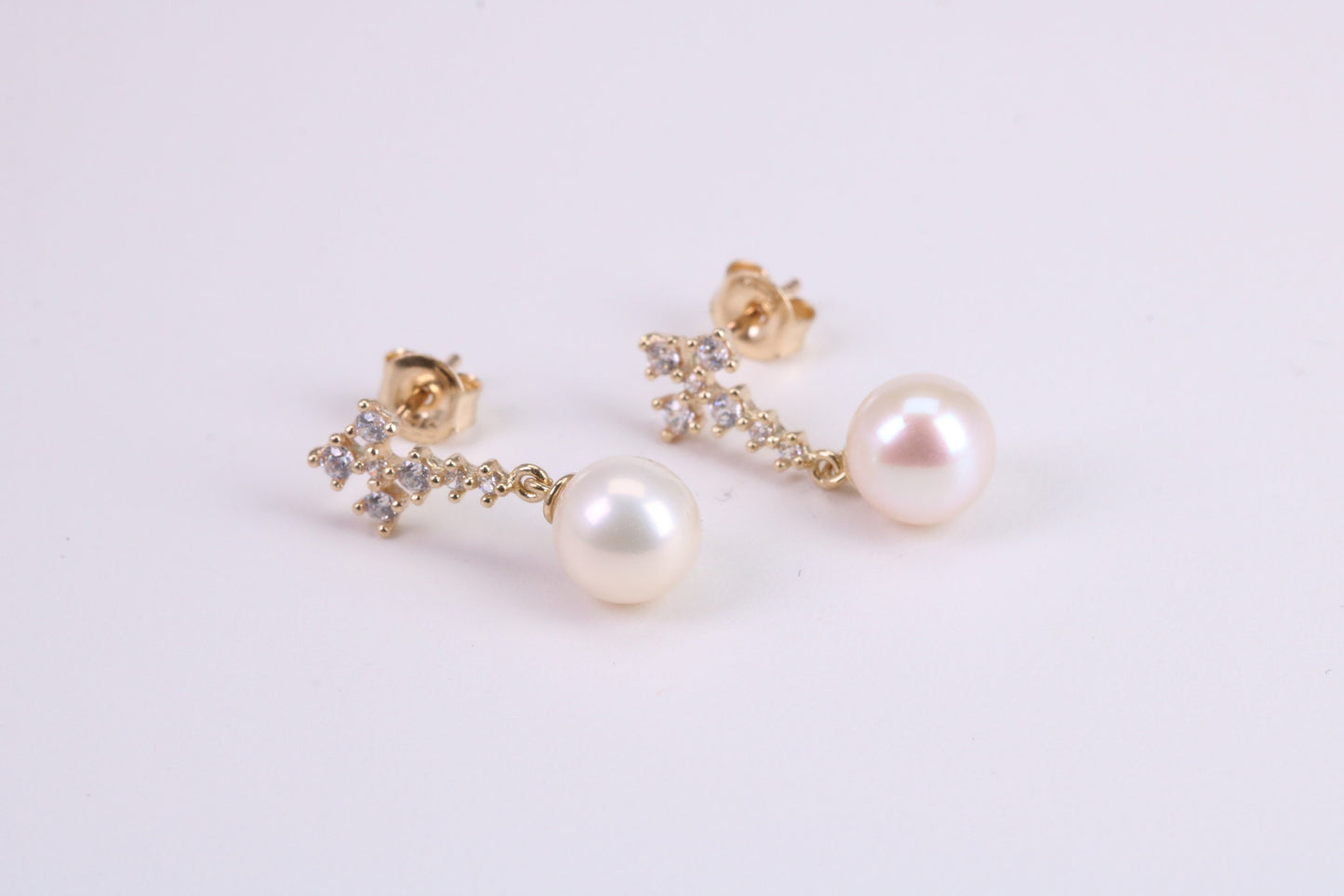 Natural Pearl Stud Dropper Earrings set in Solid Yellow Gold
