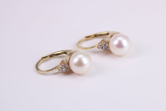 Natural Pearl Set Dropper Hoop Earrings set in Solid Yellow Gold