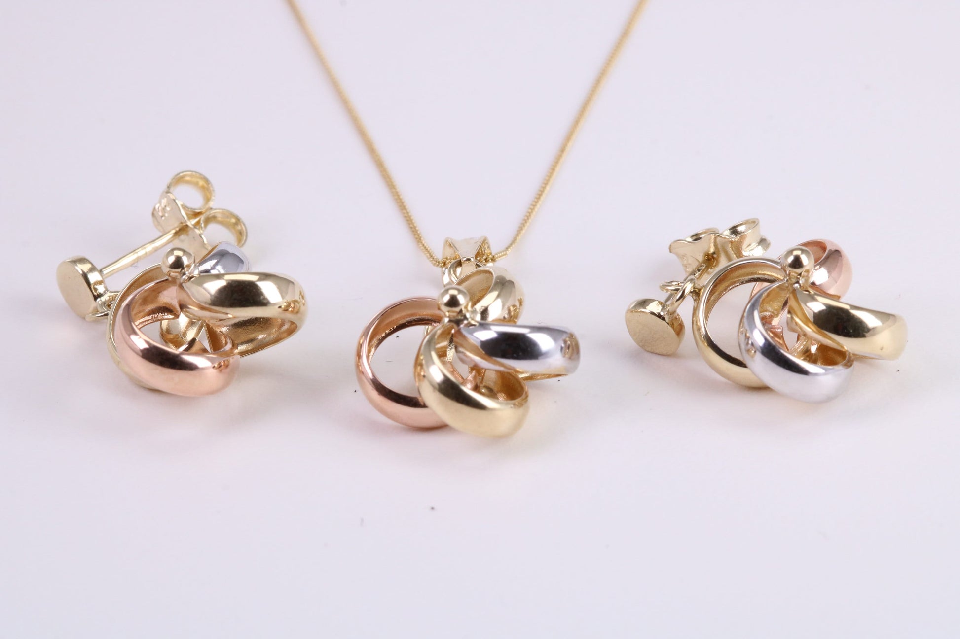 Three Tone Necklace and Matching Dropper Earrings, made from solid 9ct Yellow Gold