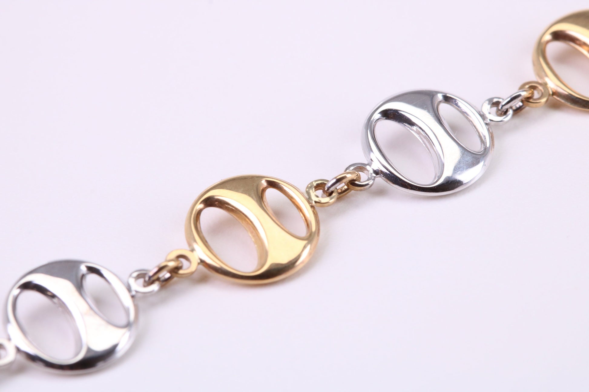 Round Patterned Link Bracelet, Made From Solid Yellow and White Gold, British Hallmarked, Luxury Gift Boxed