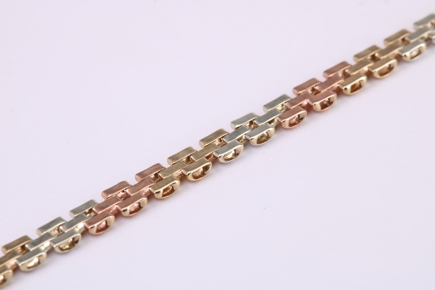 Three Tone Link Bracelet, Made From Solid Yellow, Rose and White Gold, British Hallmarked, Luxury Gift Boxed