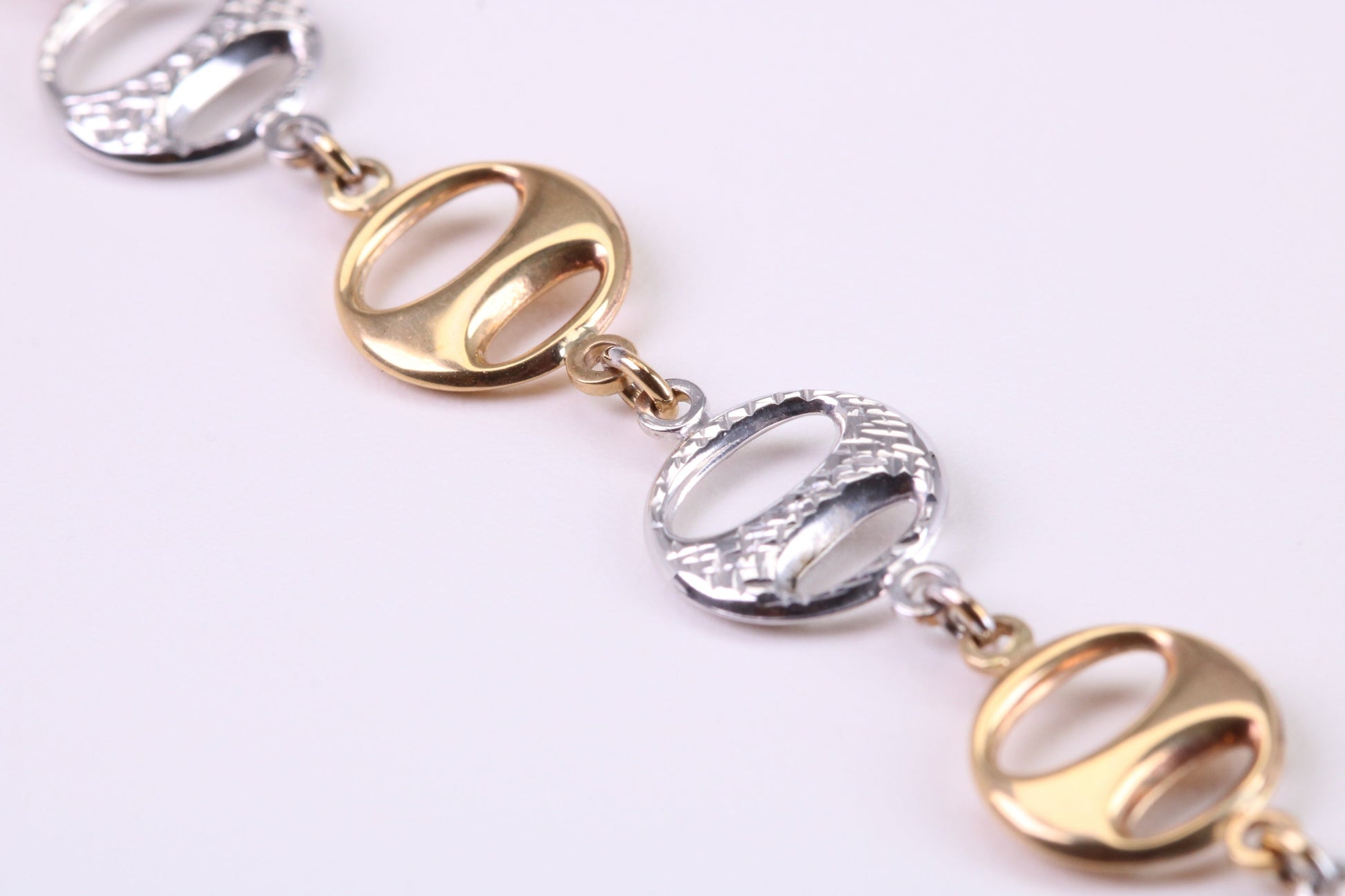 Round Patterned Link Bracelet, Made From Solid Yellow and White Gold, British Hallmarked, Luxury Gift Boxed