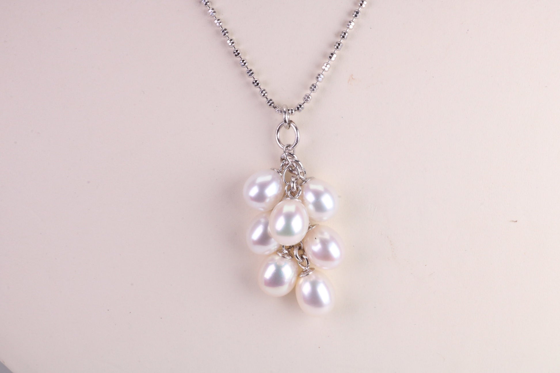 20 Inches Long Natural Pearl Necklace set in Solid Silver, 7 Natural Pearls Bunched Together