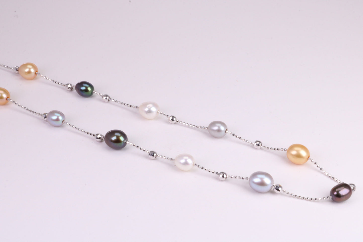 20 Inches Long Multi Coloured Natural Pearl Necklace set in Solid Silver, Length Adjustable Chain