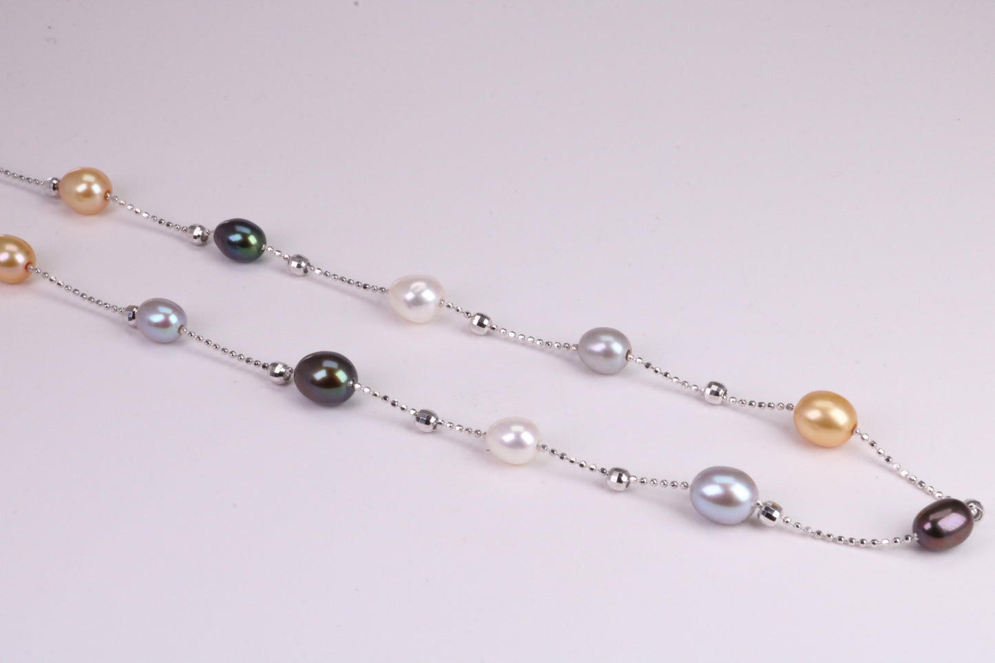 20 Inches Long Multi Coloured Natural Pearl Necklace set in Solid Silver, Length Adjustable Chain