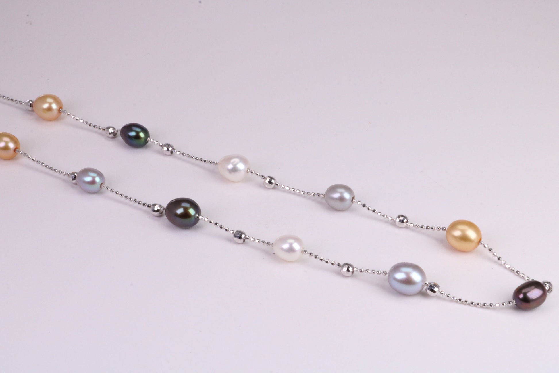 20 Inches Long Multi Coloured Natural Pearl Necklace set in Solid Silver, Length Adjustable Chain