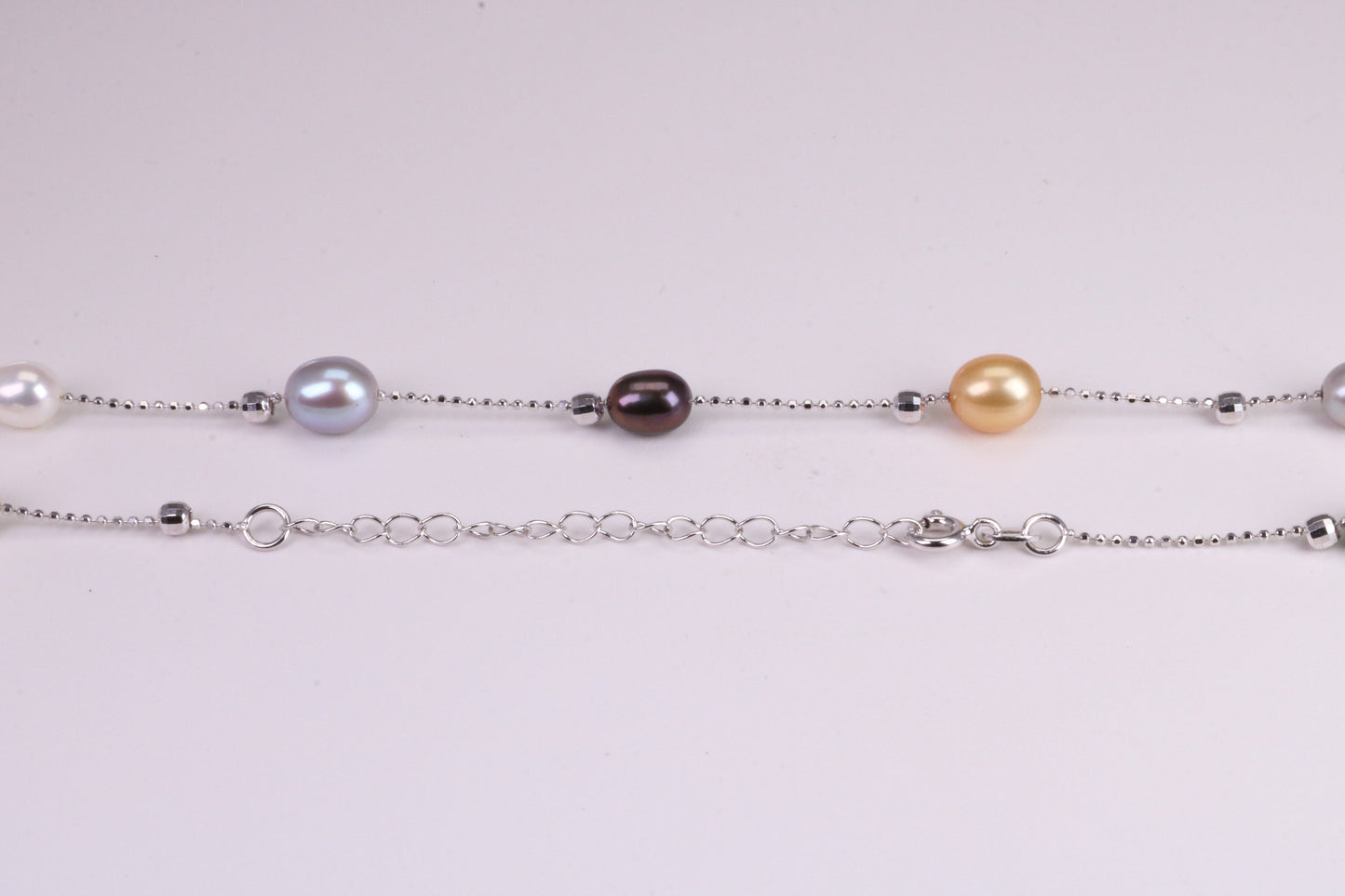 20 Inches Long Multi Coloured Natural Pearl Necklace set in Solid Silver, Length Adjustable Chain